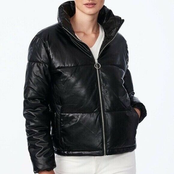 Collection B Juniors Black Faux Leather Puffer Coat Small NWT - Picture 1 of 9